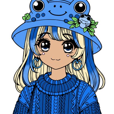 realistic girl wearing frog sweater and a frog hat with frog earrings