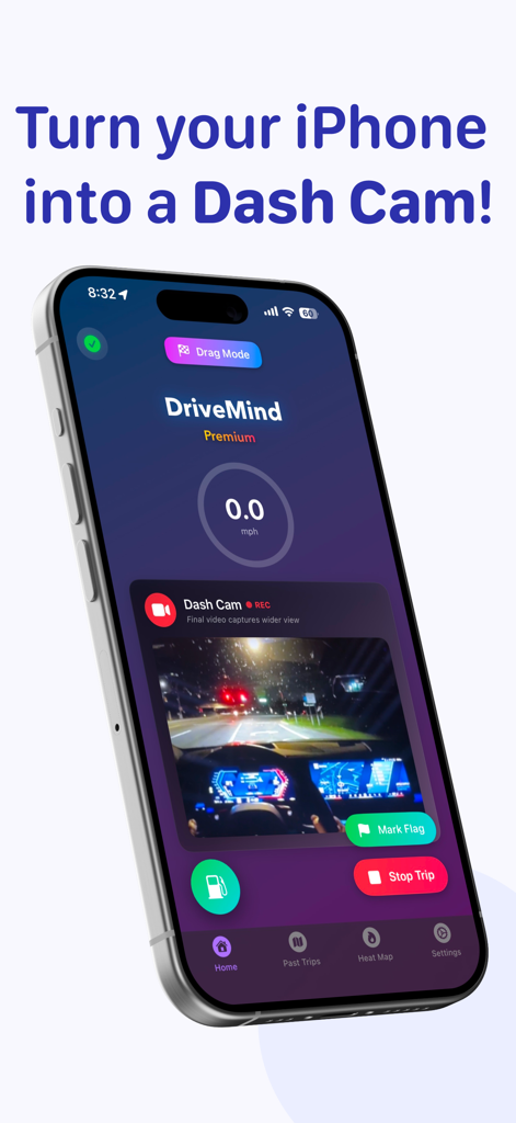DriveMind: Dash Cam & Mileage - iPhone displaying the DriveMind app interface with a live dash cam recording of a road at night