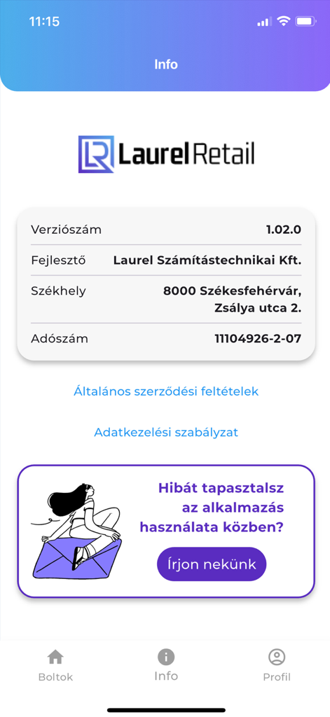 247 Shop - Pantalla de información de la app 247 Shop que muestra el número de versión, detalles del desarrollador y un botón de contacto de soporte