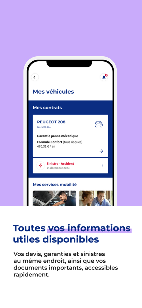 Interfaz de la aplicación móvil MACIF que muestra detalles de la póliza de seguro de automóvil y el estado de reclamación de accidentes