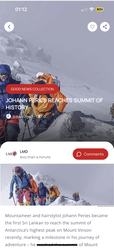 LMDi - A news article in the LMDi app about Sri Lankan mountaineer Johann Peries reaching the summit of Mount Vinson in Antarctica.