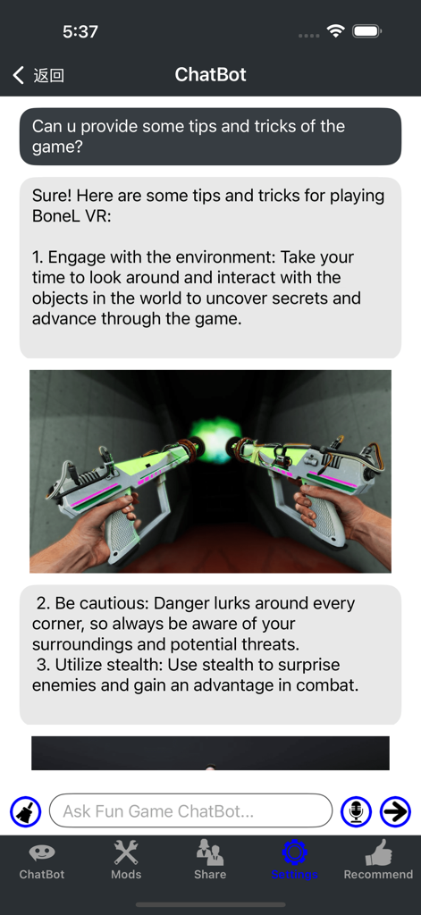 BoneL-DLC & Mods Addons Cheats - ChatBot interface in the BoneL mods app providing gameplay tips and tricks