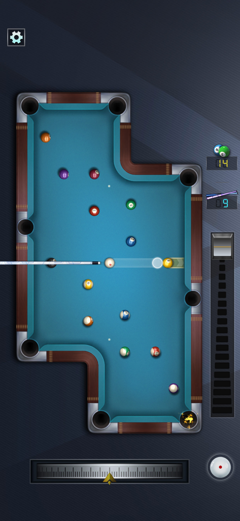 A top down view of a blue L shaped billiards table with a pool cue aiming at a white cue ball