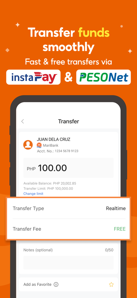 MariBank PH (SeaBank) - Interfaccia dell'app MariBank PH che mostra trasferimenti di fondi gratuiti tramite InstaPay e PESONet