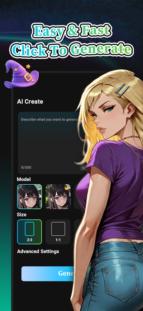 Keily-Create AI Stroy - アニメスタイルのオプションを備えたテキストプロンプトからのAIキャラクター生成を示すKeilyアプリのインターフェース