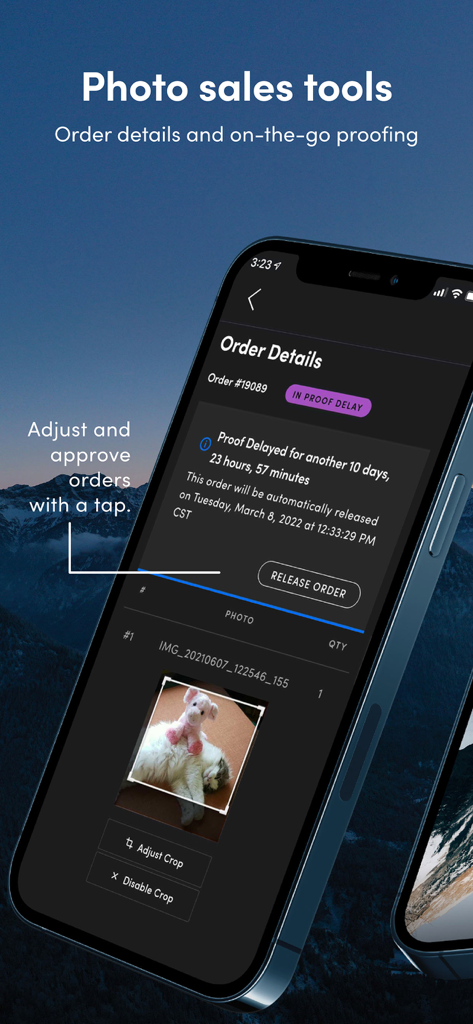 SmugMug mobile App-Oberfläche mit Fotoverkaufs-Tools und Details zur Bestellverwaltung