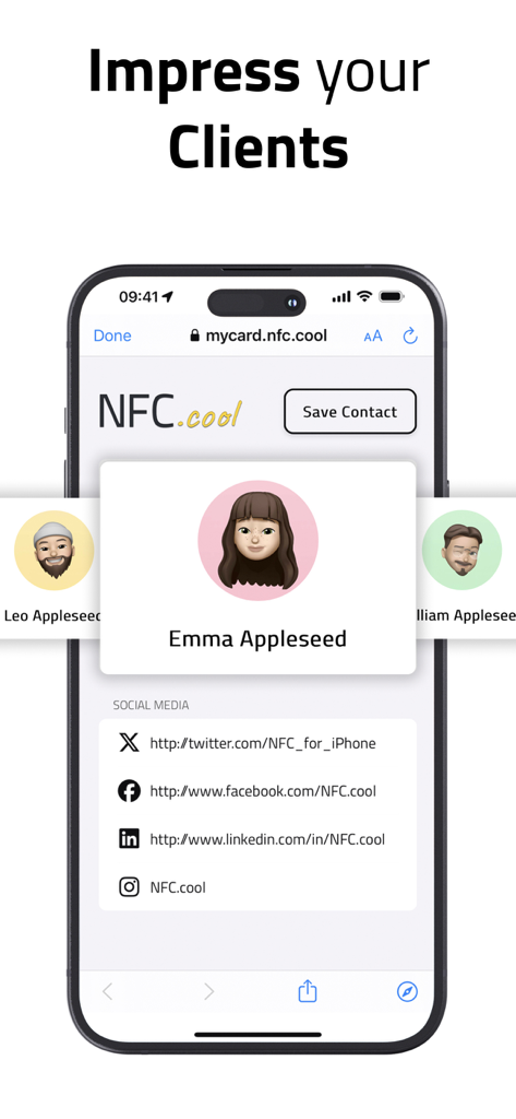 모바일 장치에서 소셜 미디어 핸들과 연락처 정보를 표시하는 디지털 명함 프로필