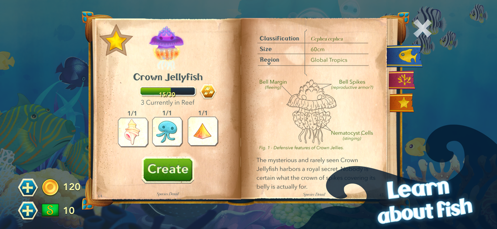 Splash — Fish Aquarium - Educational Aquapedia entry for a Crown Jellyfish in Splash Fish Aquarium game