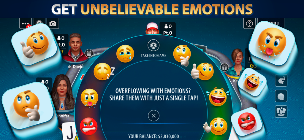 Spades by Pokerist - Menu d'emoji interactif pour l'expression sociale dans le jeu de cartes Spades by Pokerist.