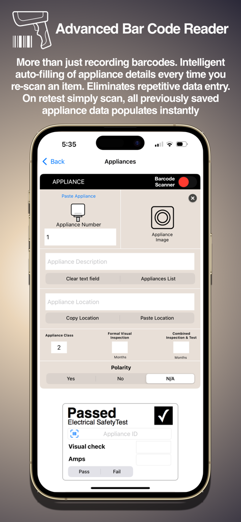 Pat Test Pro - Pat Test Pro app interface showing the appliance data entry screen with integrated barcode scanner feature