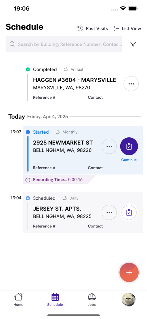 Schedule screen of Inspect Point app displaying daily fire inspection appointments and status updates