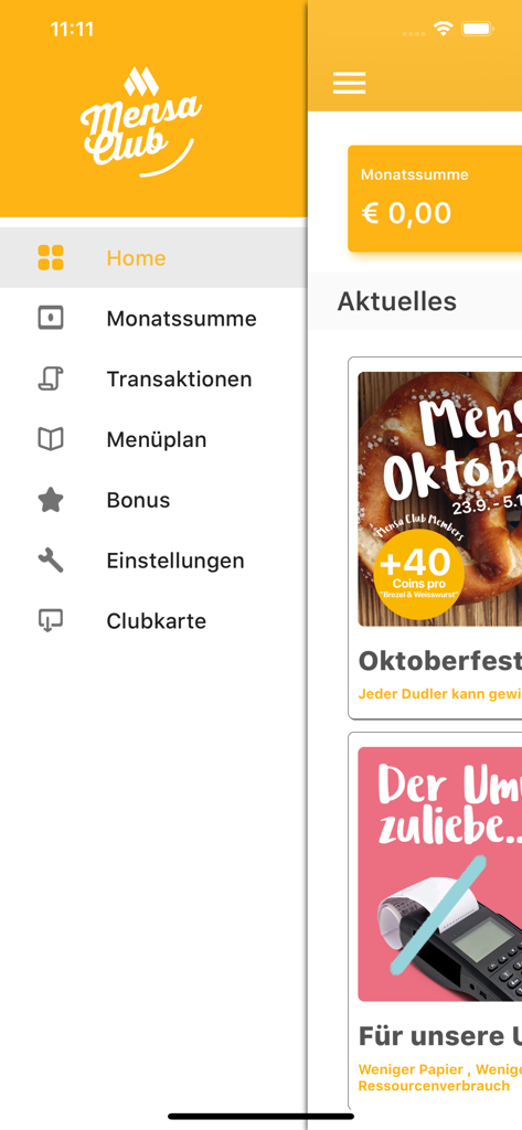 Mensa Club app home screen showing navigation menu and university dining rewards