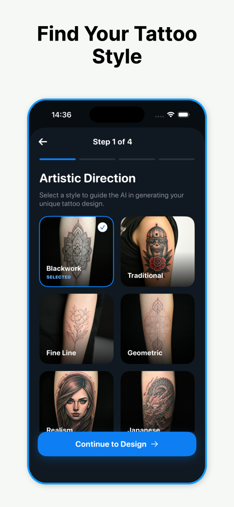 Tattoo Creator: AI Design Ink - Tattoo Creator app screen showing artistic direction and style choices like Blackwork and Traditional for AI ink design