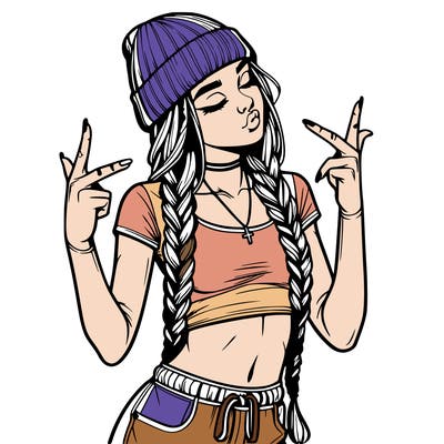 realistic teenage girl with braids and a beanie and crop top doing 🫶🏼