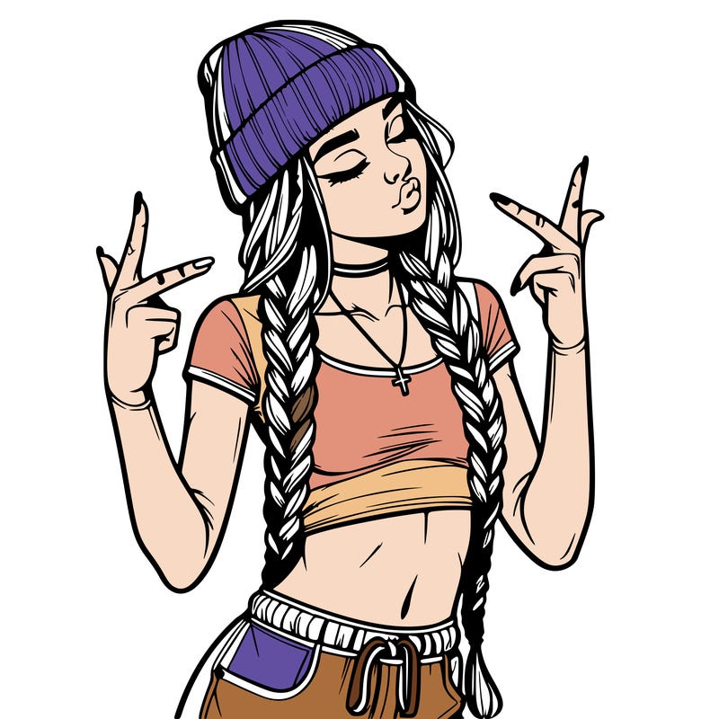 realistic teenage girl with braids and a beanie and crop top doing 🫶🏼
