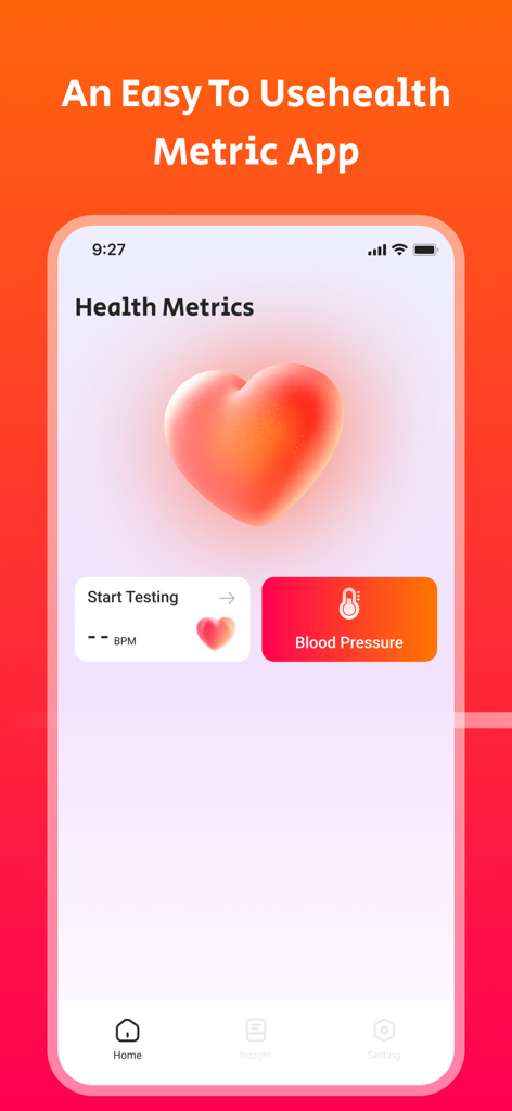 Health Metrics: BP Tracker - Pantalla de inicio de la aplicación Health Metrics que muestra opciones de seguimiento de frecuencia cardíaca y presión arterial