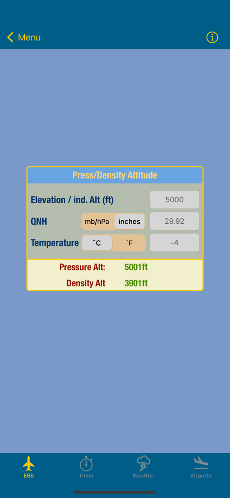 E6b Pilot - E6b Pilot app screen showing a calculation for pressure and density altitude based on elevation, QNH, and temperature.