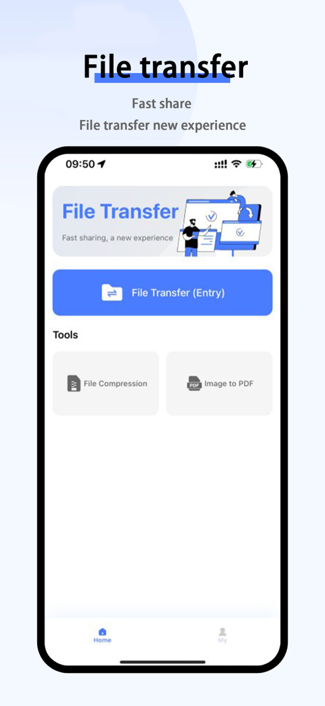 Transfer-send large files - 圧縮や画像からPDFへの変換ツールを備えた、大容量ファイル転送用モバイルアプリのインターフェース。