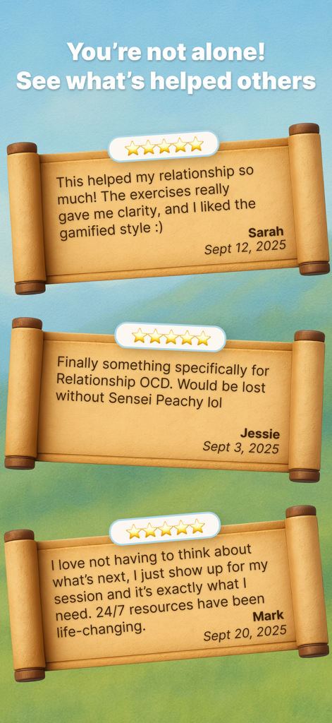 PeachyTalks: Relationship OCD - Three user testimonials for the PeachyTalks Relationship OCD app displayed on decorative scrolls with 5 star ratings.