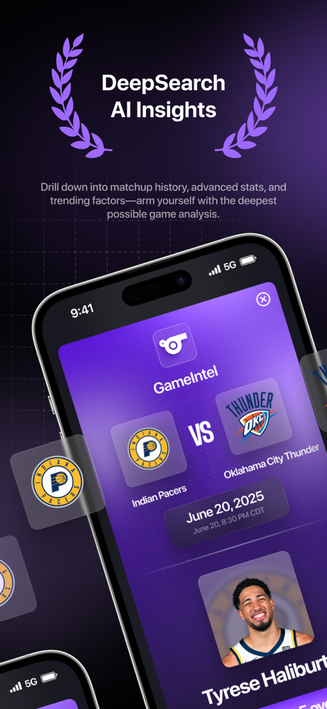 Stat AI - Sports Analysis - Stat AI app screen showing DeepSearch AI insights for a basketball matchup between the Indiana Pacers and Oklahoma City Thunder