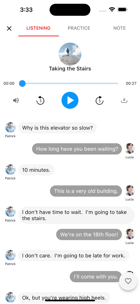 English Speaking: SpeakFluent - English Speaking SpeakFluentアプリのインターフェース。オーディオコントロールとチャットベースの会話トランスクリプトが表示されたリスニングレッスンを示しています。