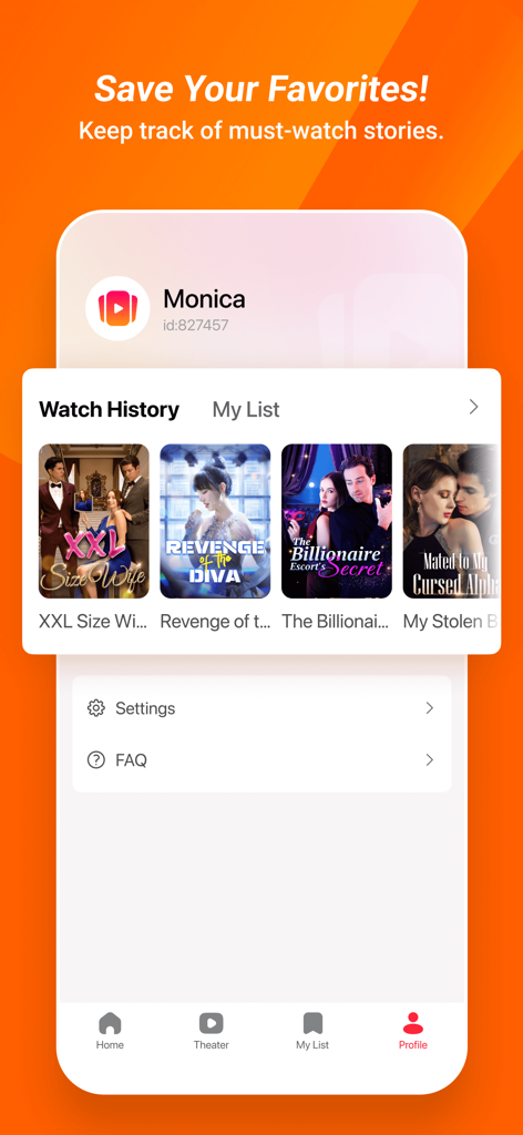 DramaReels: Dramas and Series - Oberfläche der DramaReels-App, die den Profilbereich mit der Wiedergabe-Historie und der Liste gespeicherter Drama-Serien anzeigt.