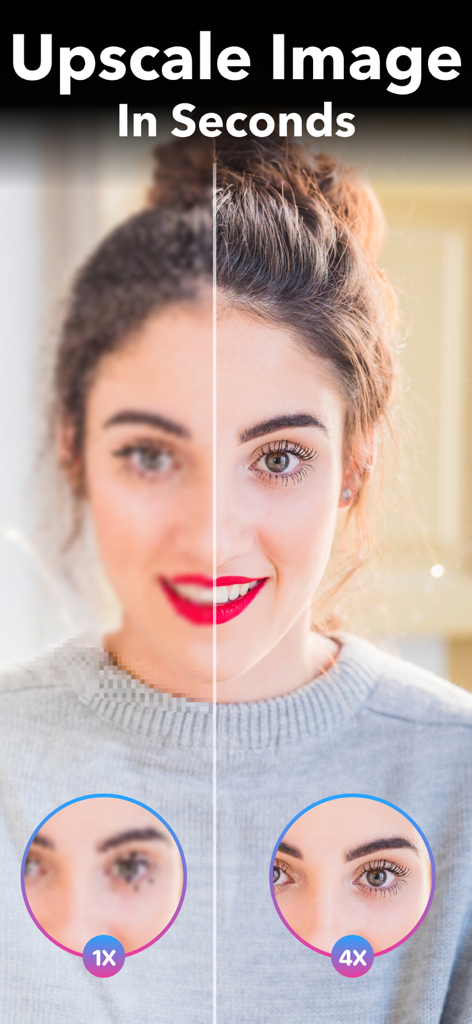 A split screen comparison showing a blurry portrait image being upscaled to high resolution using AI