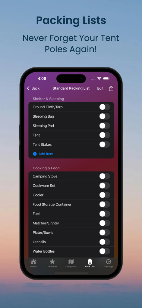 CampMate: Your Camp Helper - CampMate app interface displaying a categorized camping packing list for shelter and cooking gear