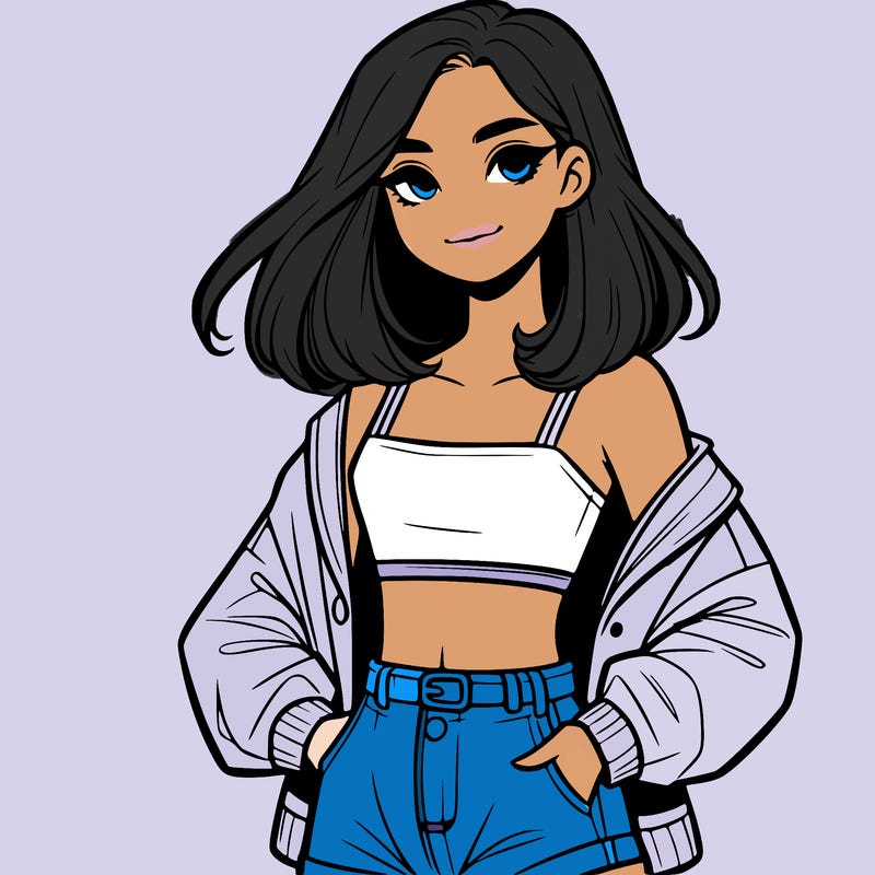 a realistic girl with a crop top and short shorts in an open jacket