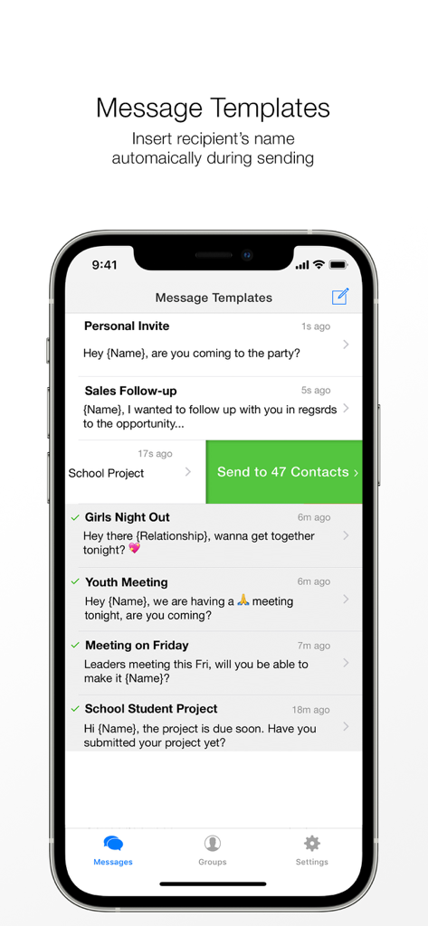 Reach: Fast SMS Text and Email - Smartphone screen showing the Reach app Message Templates feature with personalized tags like Name for mass texting.