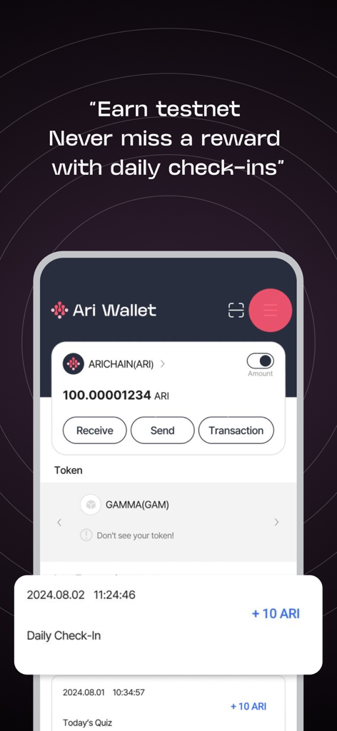 Ari Wallet - Ari Wallet app interface showing daily check in rewards and ARI token balance