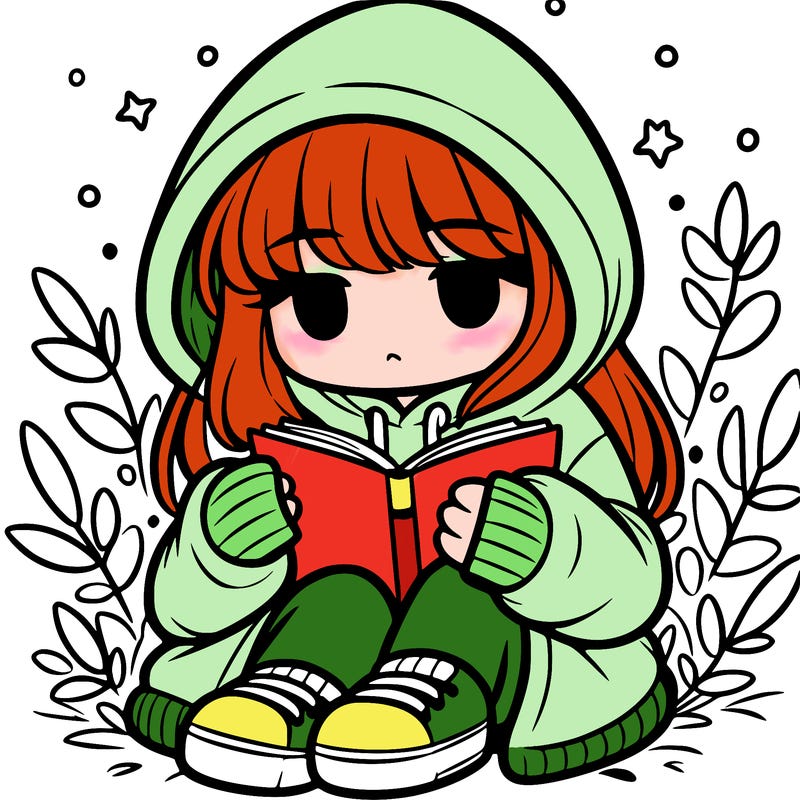 girl in oversized hoodie reading a book