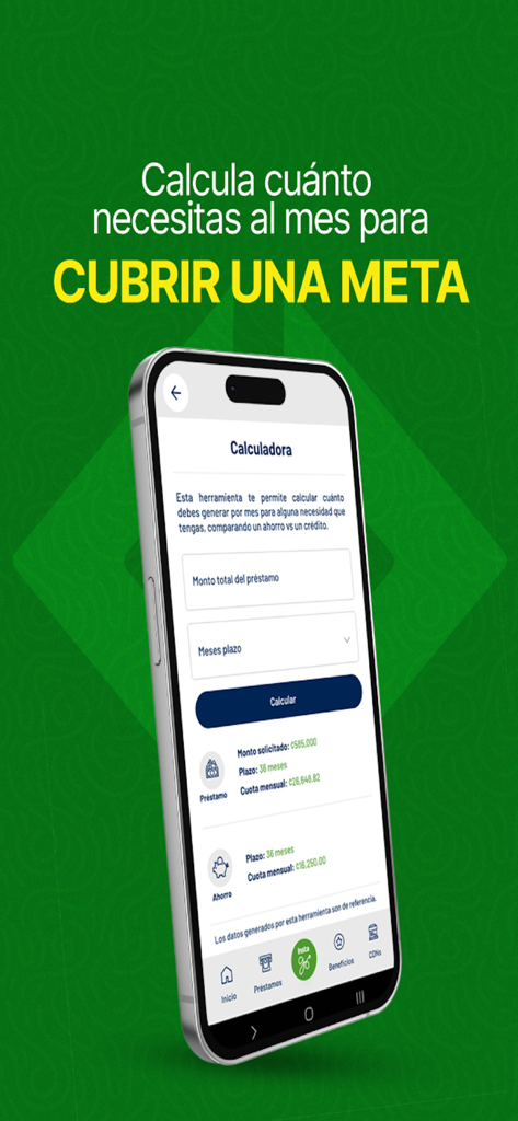 Instacredit - Um smartphone exibindo a calculadora financeira do aplicativo Instacredit comparando pagamentos de empréstimos e economias em espanhol