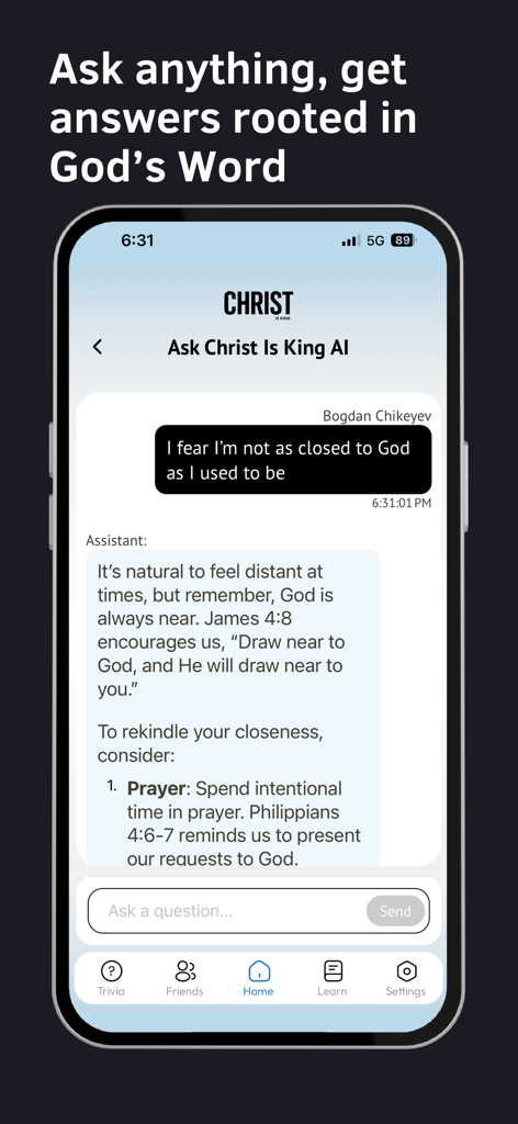 Christ is King - A screenshot showing the AI chat feature in the Christ is King app where a user receives spiritual guidance and scripture references