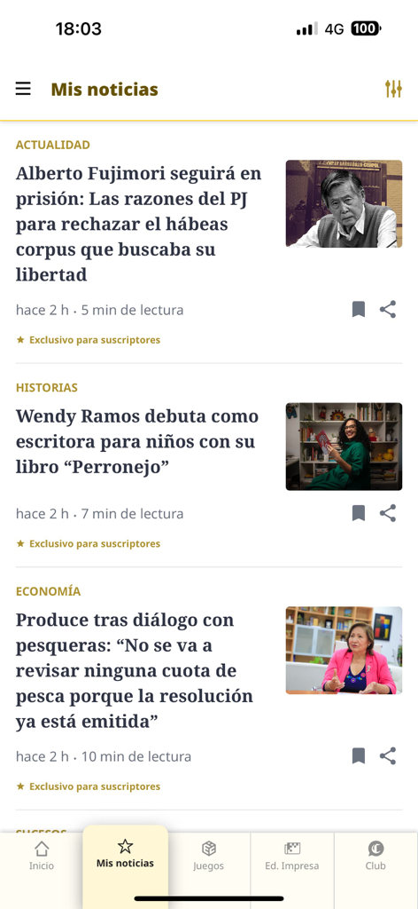Interfaccia dell'app El Comercio Peru che mostra la sezione My News con titoli e articoli in spagnolo