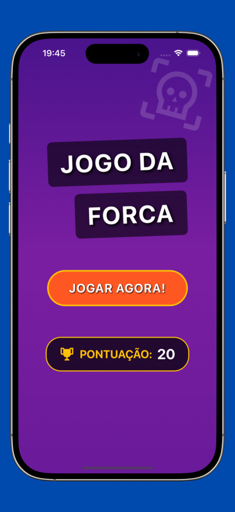 Jogo Forca - Home screen of the Jogo da Forca hangman game showing a play button and current score