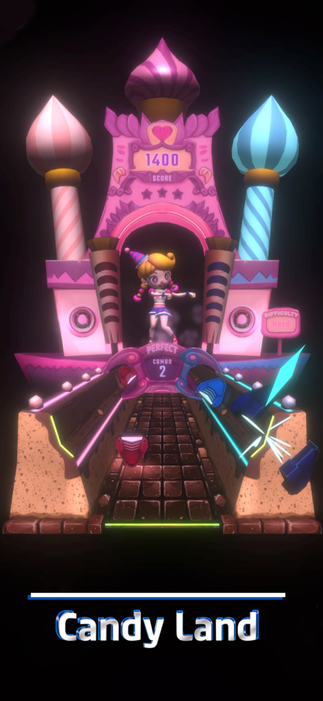 Beat Swiper - Un nivel colorido con temática de caramelo en Beat Swiper con un personaje bailando en un castillo rosa y bloques musicales de neón