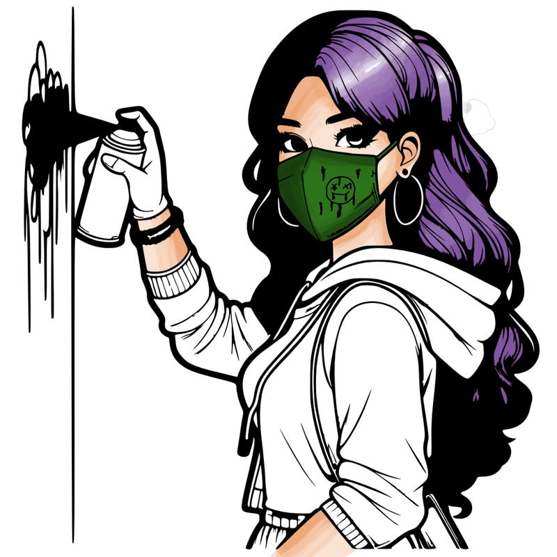 realistic girl with mask spray painting a wall