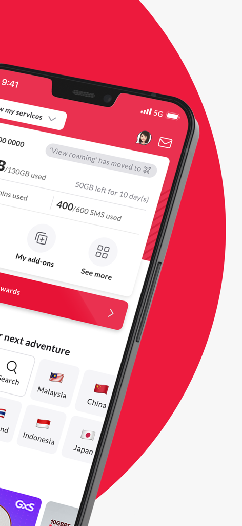 My Singtel app - モバイルデータの使用量とトラベルローミングのオプションを表示する My Singtel アプリのダッシュボード