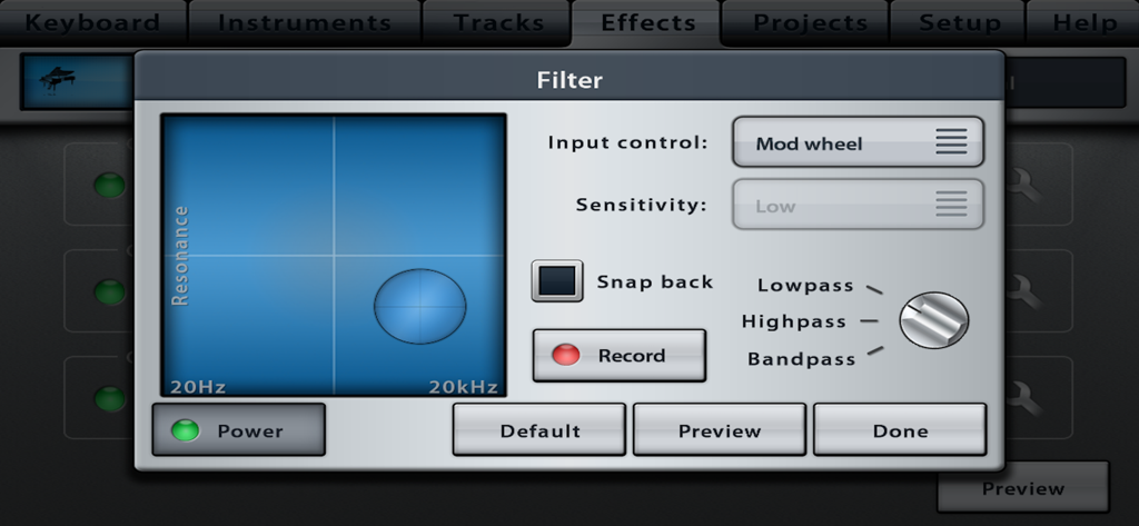 Interface showing filter effect settings with an XY pad and frequency controls in Music Studio