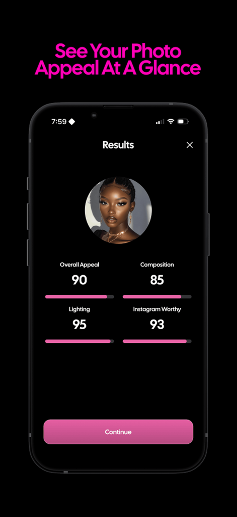 Gleam AI - Glow Up App - Schermata dei risultati dell'app Gleam AI che mostra valutazioni numeriche per l'attrattiva della foto e l'illuminazione