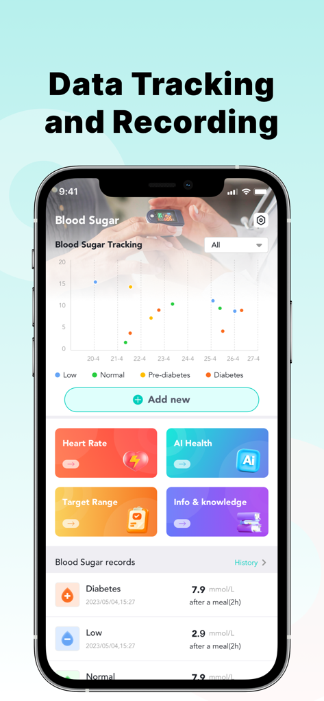 Blood Sugar Master - Captura de pantalla de la aplicación Blood Sugar Master que muestra gráficos de seguimiento de glucosa en sangre y registros históricos