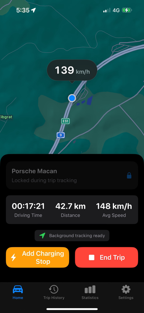 Watt Tracker - Real time EV trip tracking screen in Watt Tracker showing a map with speed and driving statistics
