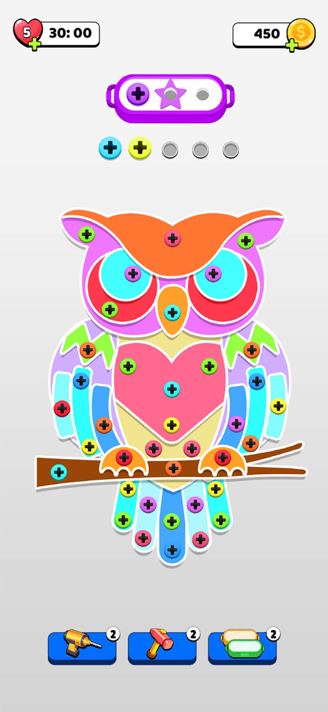 Unscrew Nuts and Bolts Jam - Uma captura de tela do jogo de um nível de quebra-cabeça colorido em forma de coruja no jogo mobile Unscrew Nuts and Bolts Jam