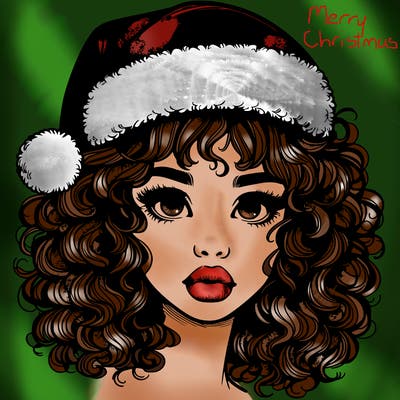 realistic girl with a santa hat curly hair and lips