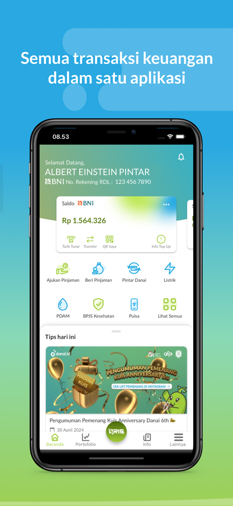Danai.id - P2P Lending - Danai.id mobile app dashboard displaying account balance, P2P lending options, and utility bill payment services.