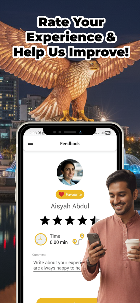MyCar Passenger - The feedback and rating screen of the MyCar Passenger app showing a driver profile and star rating system.