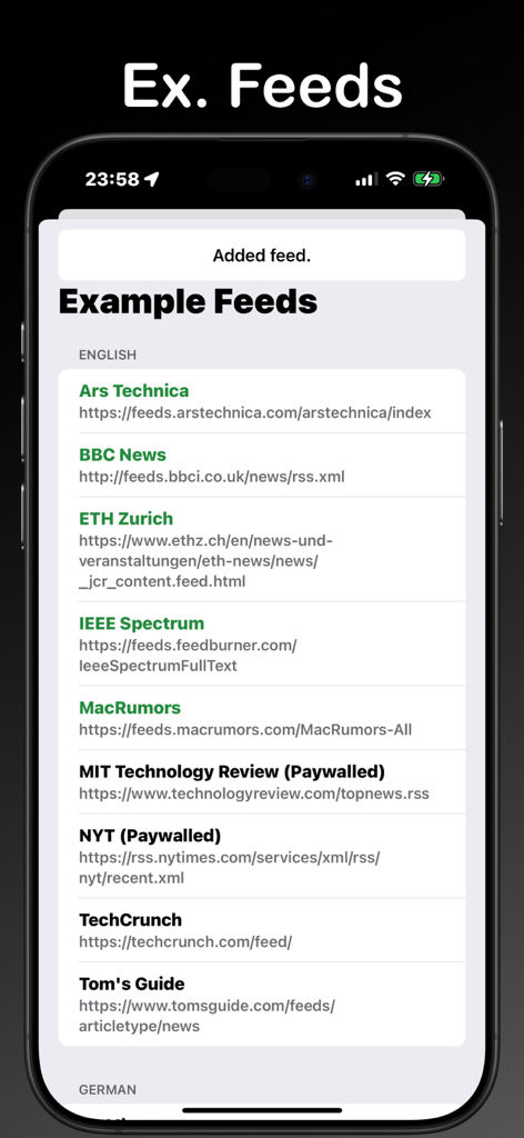 A list of suggested news feeds in the RSS-Filter app including tech and world news sources