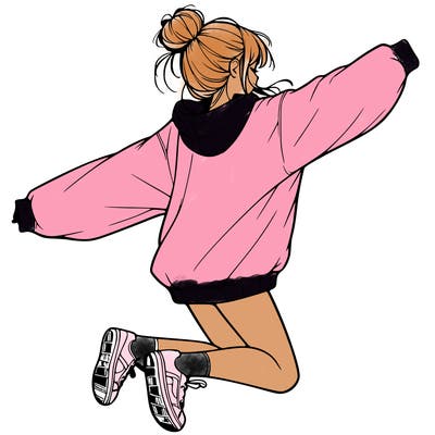 realistic girl jumping with a bun and oversized sweatshirt