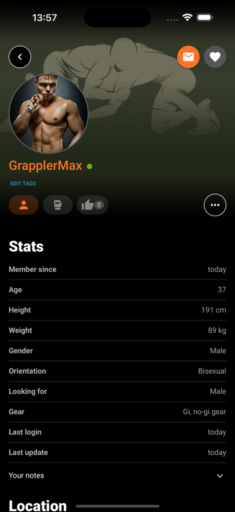 MeetFighters - MeetFighters app user profile screen showing physical statistics and combat sports interests for a member named GrapplerMax